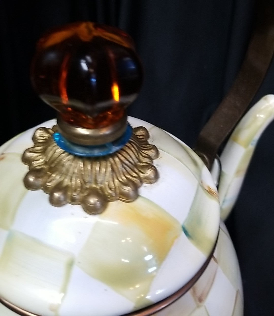 Mackenzie Childs Enamel Parchment Check  2 Quart Tea Pot / Kettle RETIRED