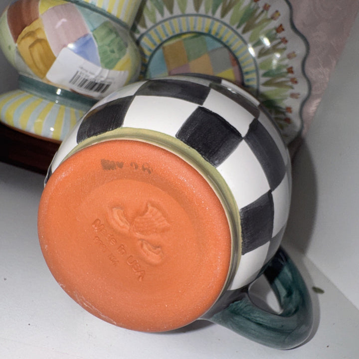 Mackenzie Childs Check Mate  Mug Black Courtly Hand Painted Majolica NWT