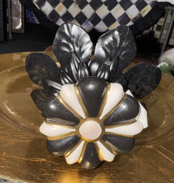MacKenzie Childs-2” Black And White Flower Knob-on Metal Flower Beaded Stake