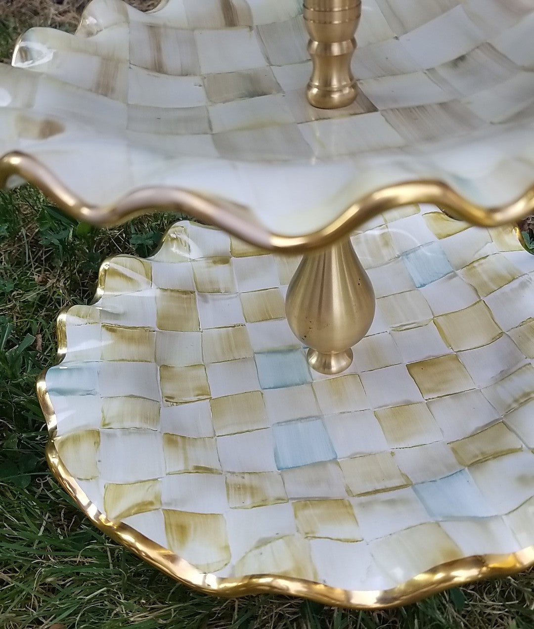 Mackenzie Childs Parchment Check Ceramic Three Tier Sweet Stand With Blue Bird