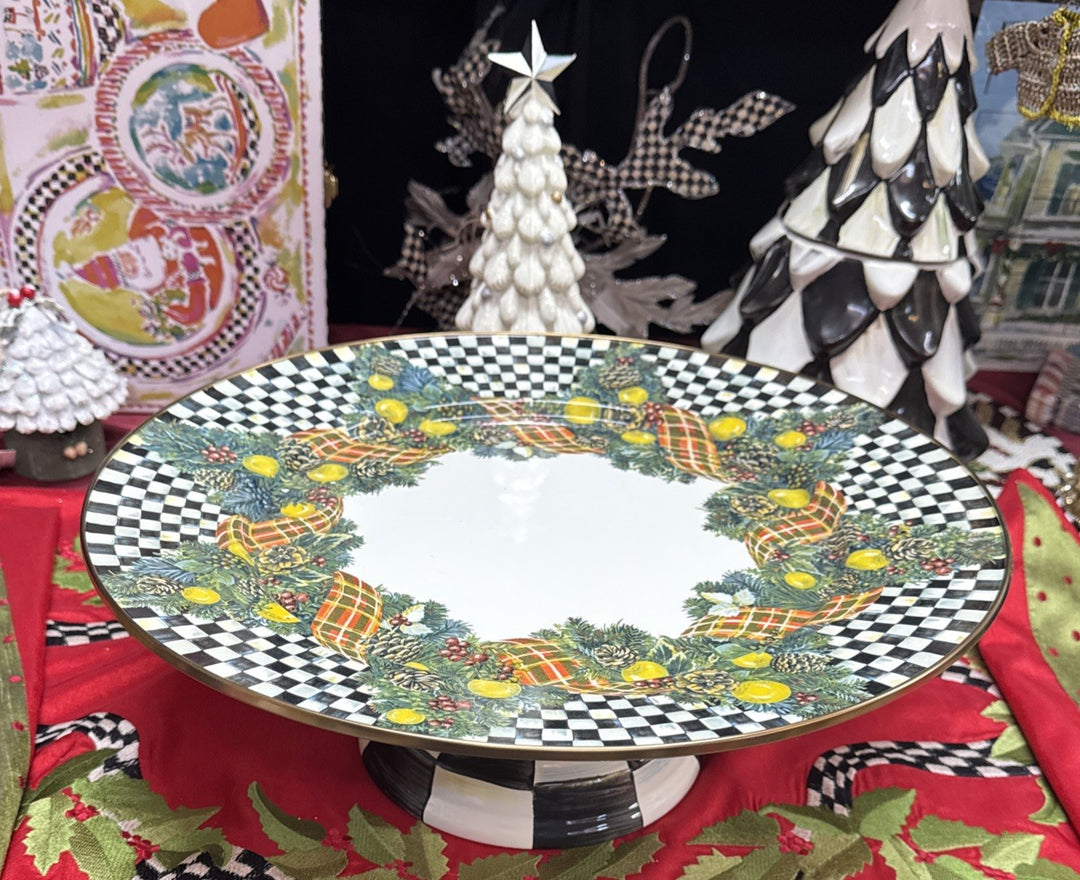 MACKENZIE CHILDS Courtly Check Evergreen Enamel Pedestal Platter - LARGE 16 Tall