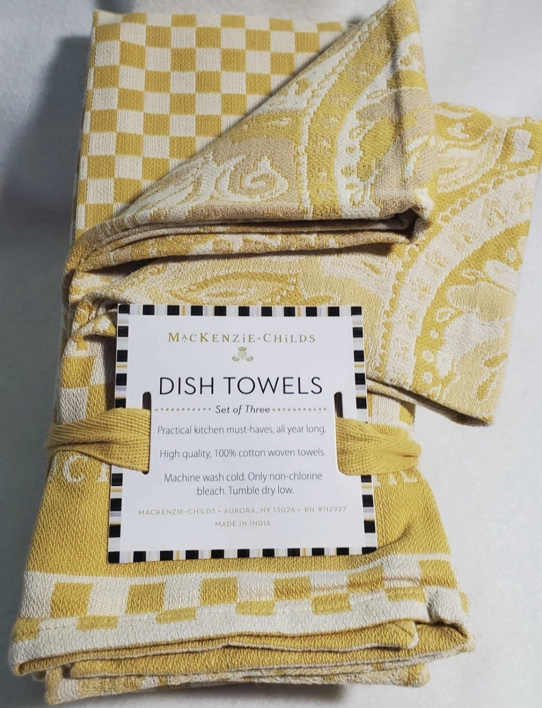 MacKenzie Childs Paisley & checks yellow set of 3 cotton dish towels NEW w/tags!
