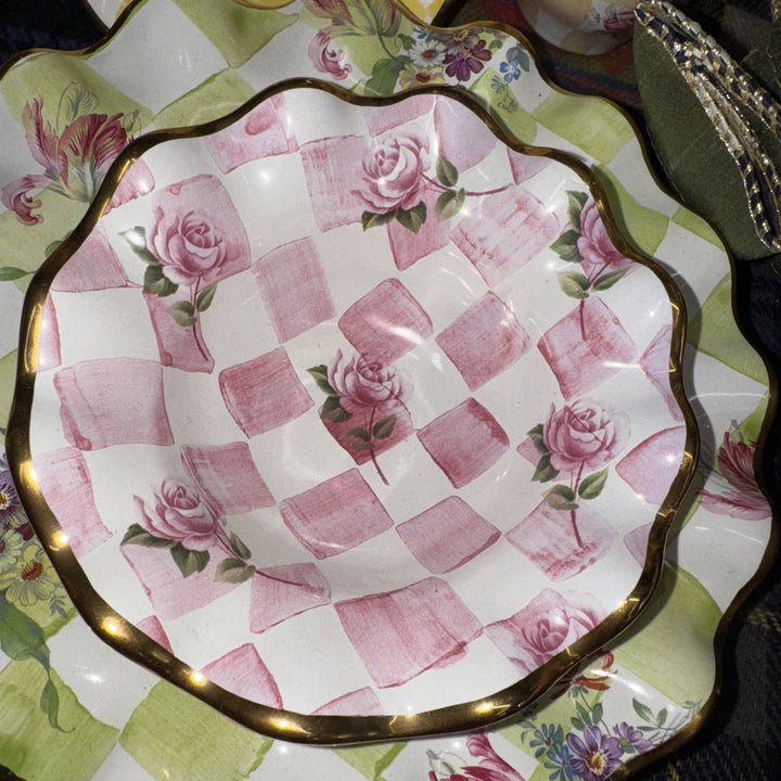Mackenzie Childs Rose Pink Honeymoon Check Fluted  6” Berry Bowl