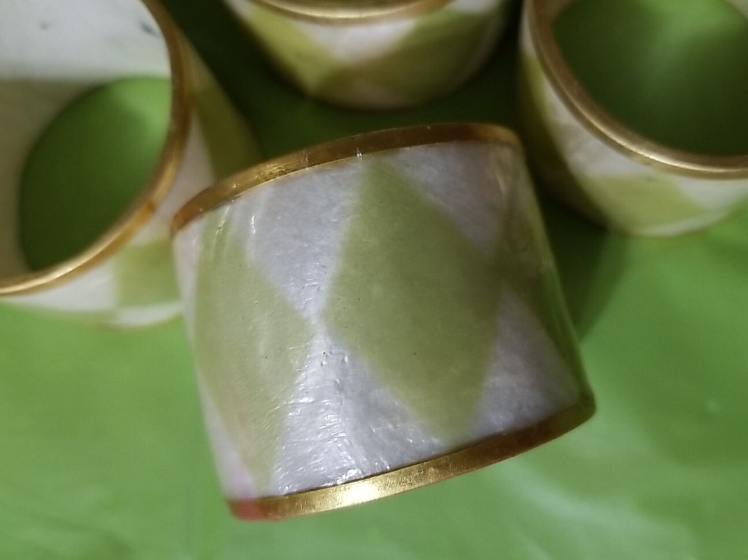 Mackenzie Childs Capiz Green Napkin Rings,  Brass, Diamond Design Set Of 4- Exc