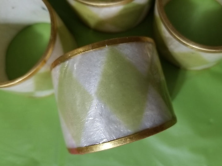 Mackenzie Childs Capiz Green Napkin Rings,  Brass, Diamond Design Set Of 4- Exc