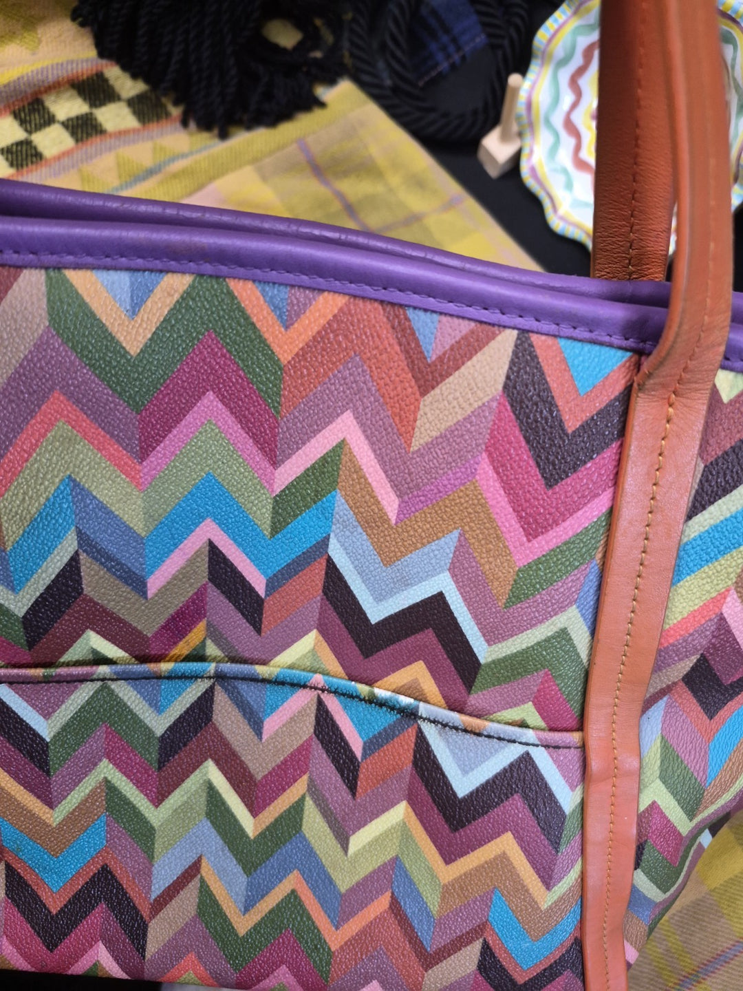 Mackenzie Childs Kaleidoscope Chevron Multicolor Tote Bag RARE