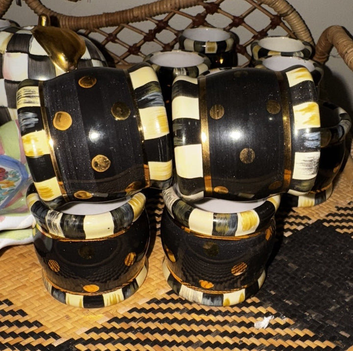 Lot of 4 Mackenzie Childs Napkin Rings Ceramic Black Tie Courtly Stripe