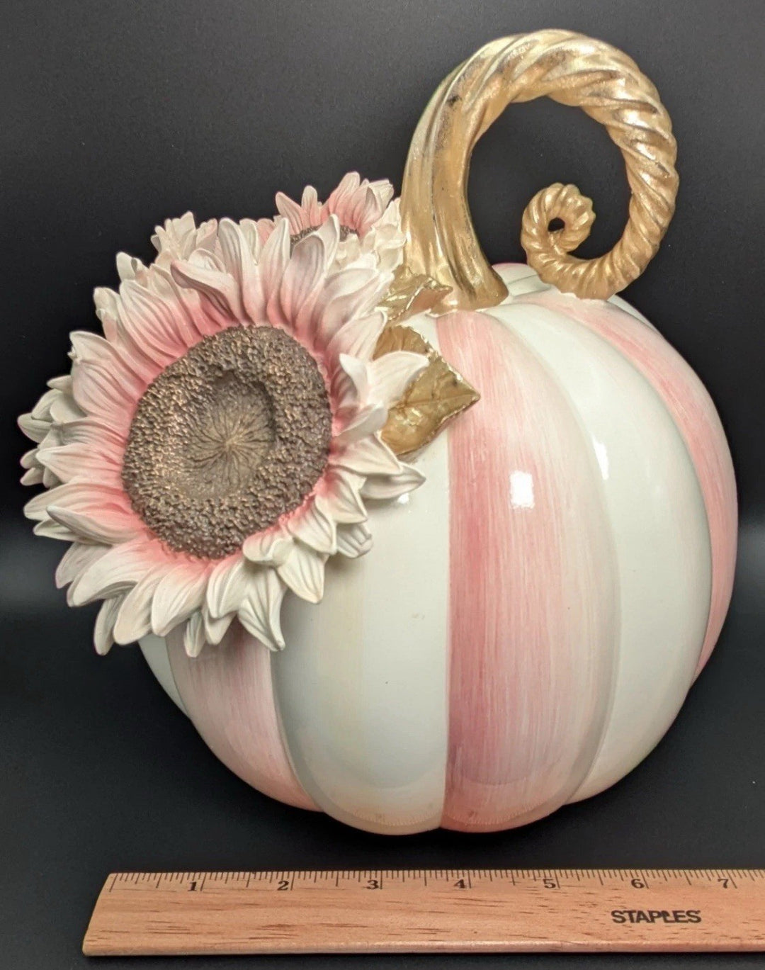 NWT MacKenzie Childs Rosy Stripe Pumpkin With Pink Sunflower - All Season Decor