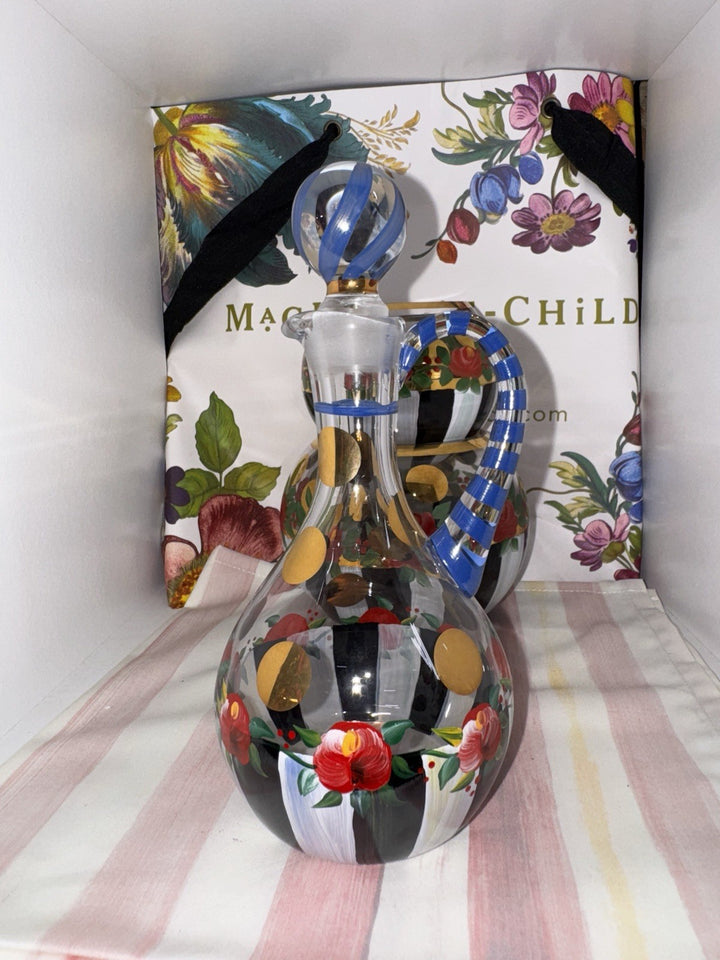 Mackenzie Childs Oil Or Vinegar Cruet Blue Top Red Flowers Circus Design 7.25”