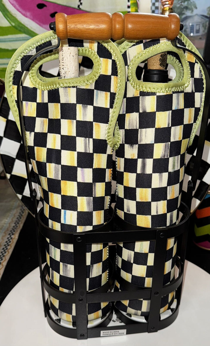 Mackenzie Childs Wine Carrier  Steel & Courtly Check Enamel New