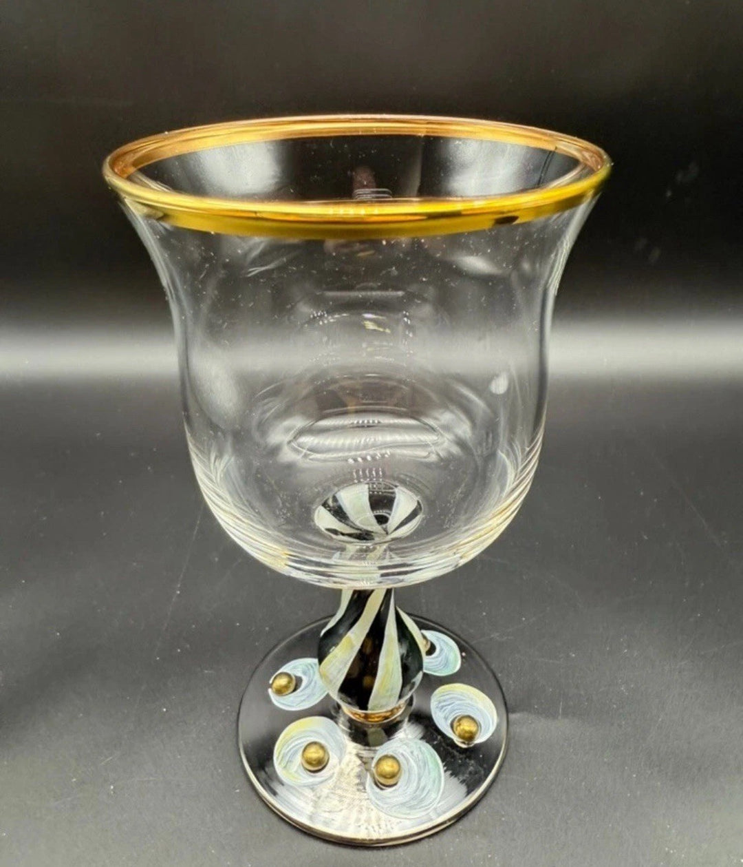 MacKenzie-Childs Tango Water Goblet 6.75" – Handblown Glass with Gold Rim