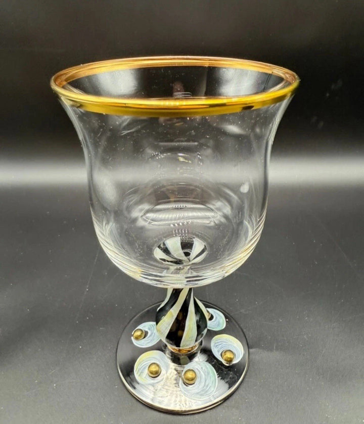 MacKenzie-Childs Tango Water Goblet 6.75" – Handblown Glass with Gold Rim