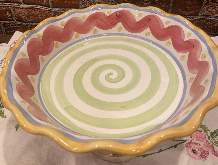 NEW Mackenzie Childs 10" PICCADILLY FLUTED PIE DISH Handmade & Painted Majolica