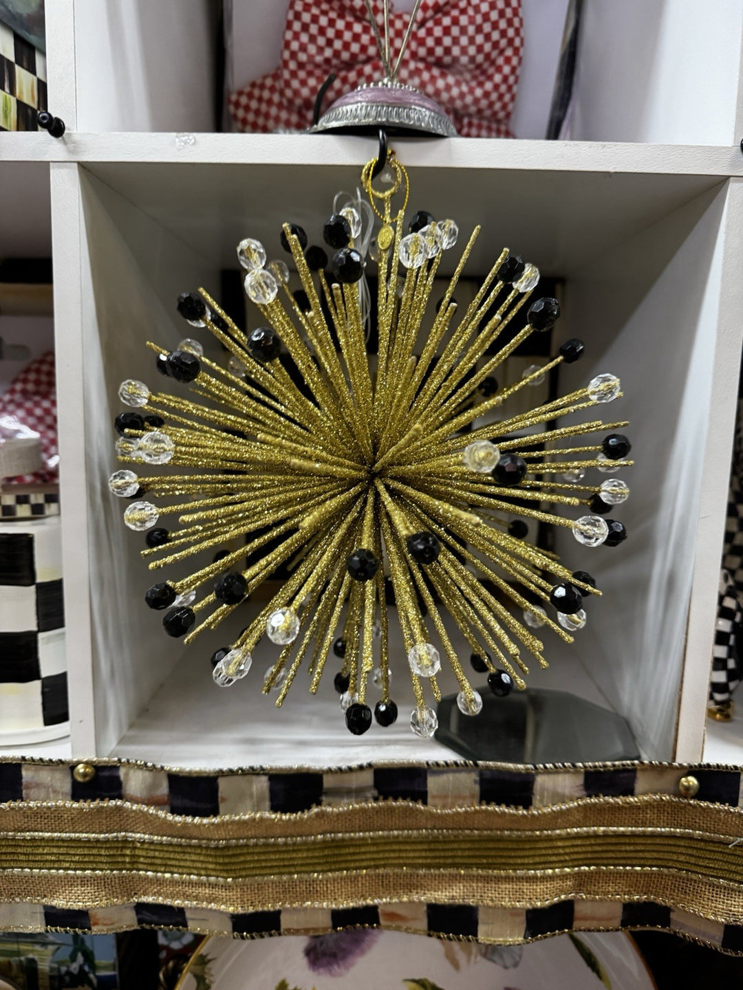 Mackenzie Childs Beaded Large Gold Orb Ornament, New 9” Round Hangs Retired