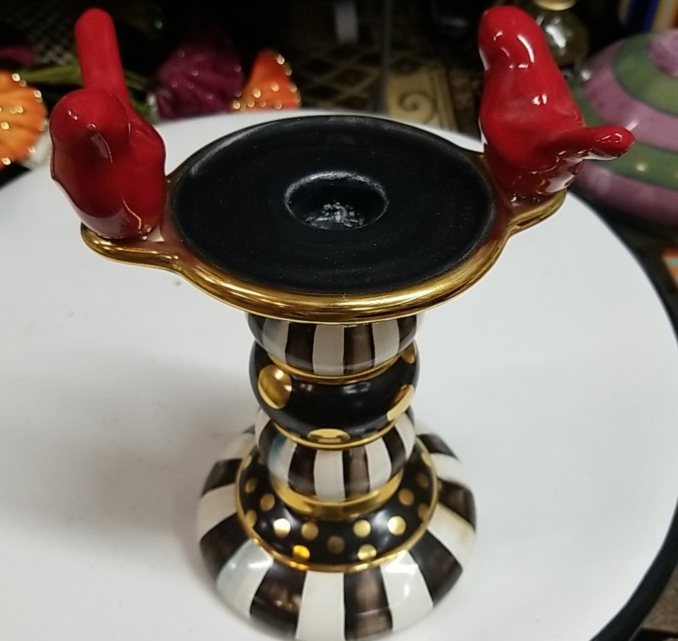 MacKenzie Childs Courtly Stripe Birds  Candlestick -new Ceramic