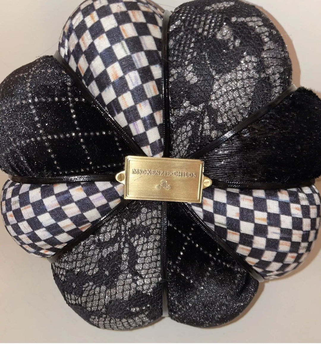 Mackenzie Childs Velvet & Fabric Black Feather Pumpkin Courtly Check New Medium