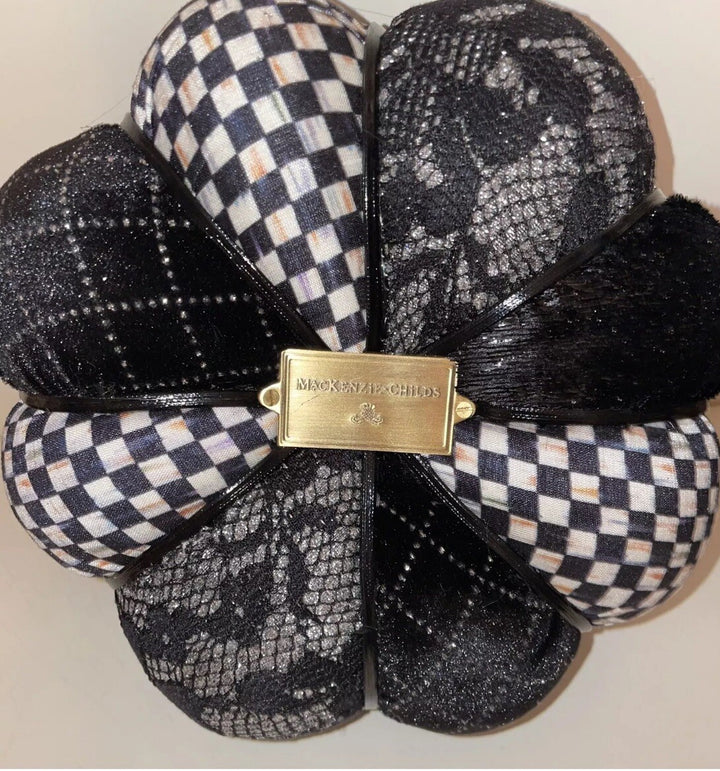 Mackenzie Childs Velvet & Fabric Black Feather Pumpkin Courtly Check New Medium