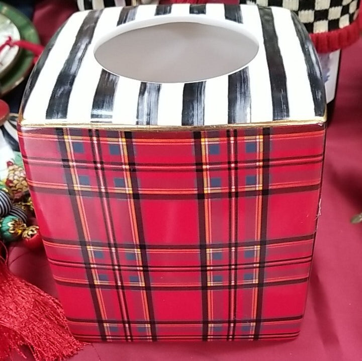 Mackenzie Childs Tartastic Tissue Box Cover Ceramic New