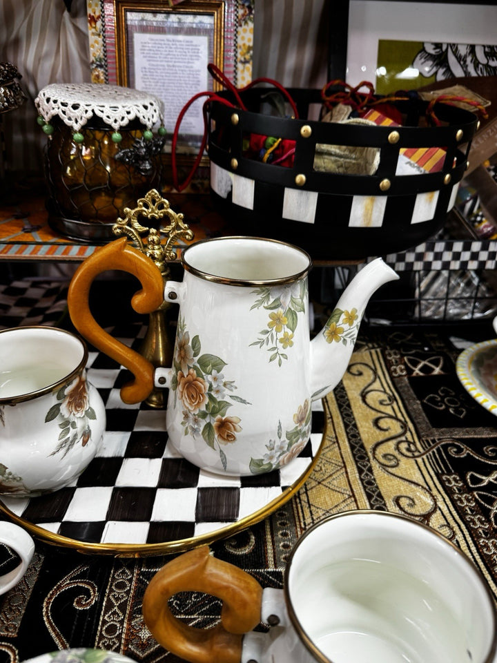 MacKenzie Childs Stacked Camp White Flower Enamel Tea Cream & Sugar High tea Set