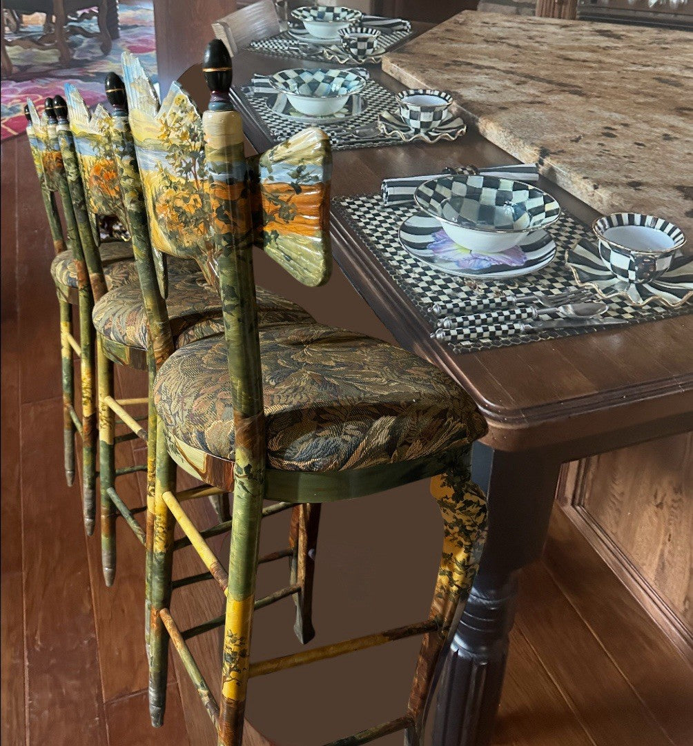 MacKenzie-Childs FOREST Fish   BARSTOOL With Fish BACK  RARE- Hand Painted