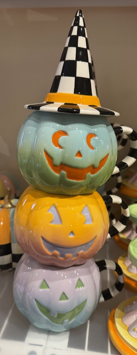 Mackenzie-Childs Trick Or TREAT Lidded Mugs Tower Set Of 3 Brand New