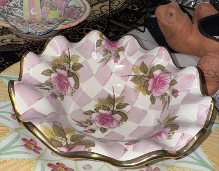 Mackenzie Childs Pink Rose Honeymoon  Fluted  Breakfast bowl 8.5” Ceramic