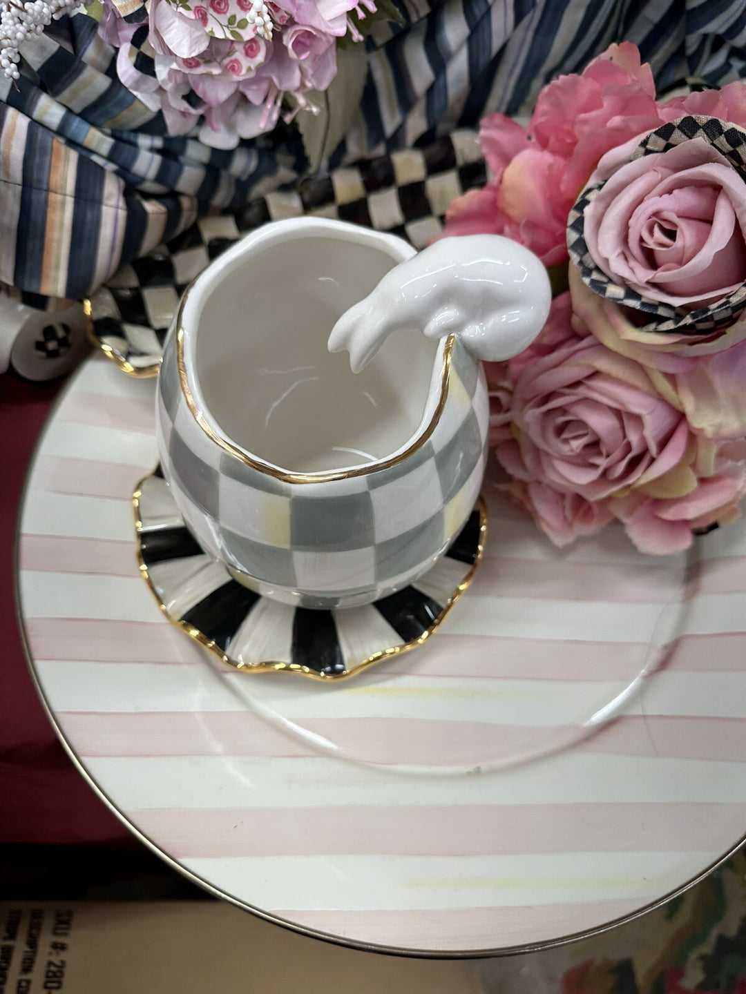 Mackenzie Childs Sterling CHECK Rabbit Looking Into Egg 9” Tall