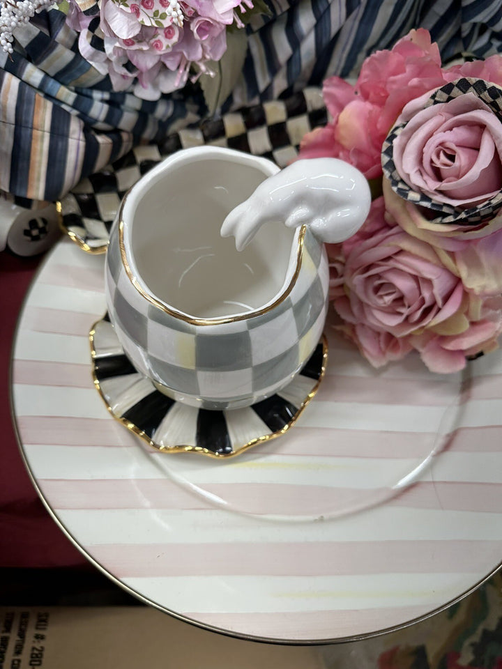 Mackenzie Childs Sterling CHECK Rabbit Looking Into Egg 9” Tall