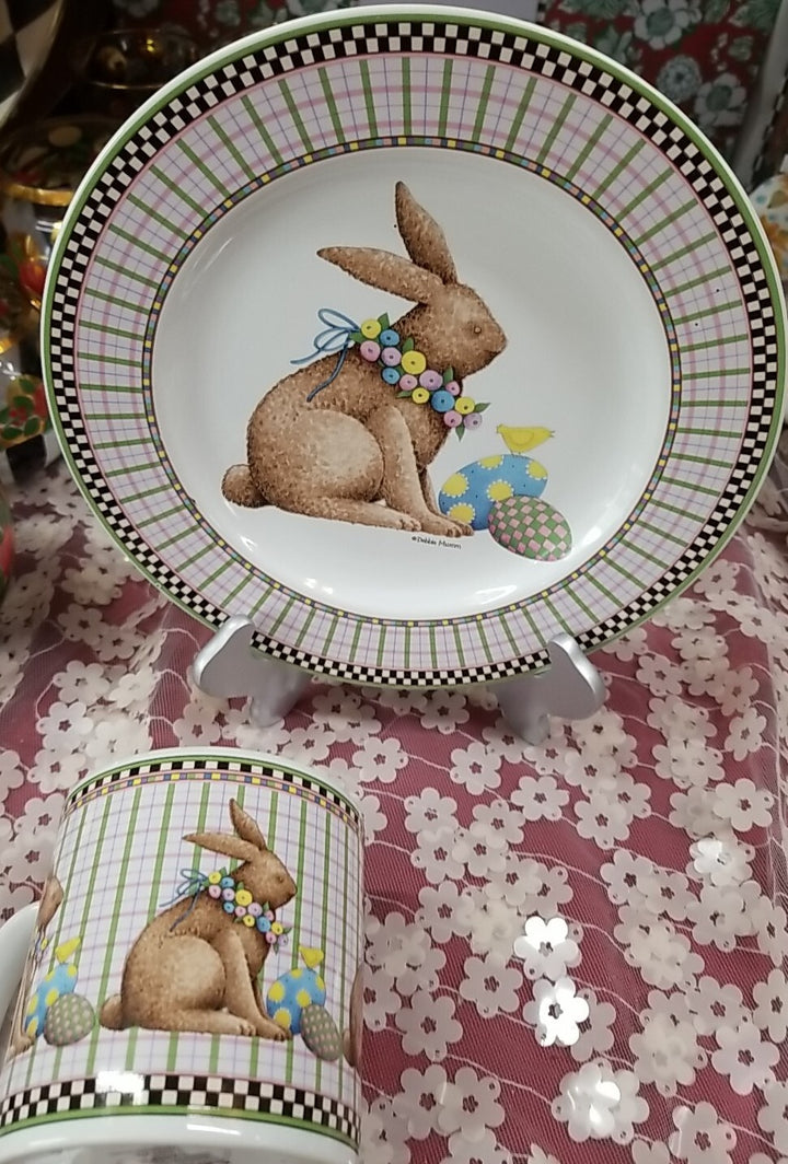 Debbie Mumm Sakura Easter Plate 8 1/4" & mug Set Bunny Eggs 1998-pink w/ Checks