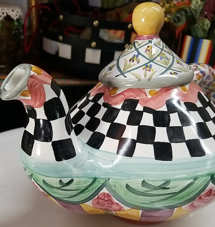 MacKenzie Childs Taylor Odd Fellows Ceramic Tea Pot Kettle 2 qt Retired w/ Lid