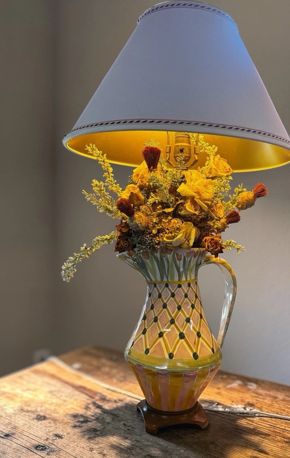 Mackenzie Childs  Sherwood Garden Pitcher Lamp With Dried Flowers 31” Tall