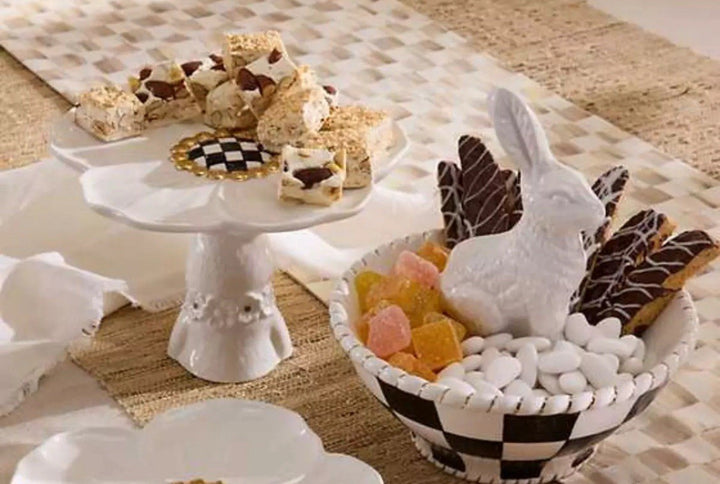 MacKenzie ChildsWhite Rabbit Ceramic Pedestal Platter- 8.75” Wide And 5.5” Tall