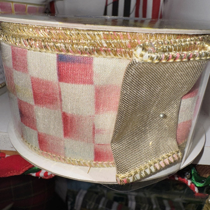 MacKenzie Childs 1 Roll Rosy  Check Wired Ribbon Red  2”wide-10yards Roll Pink