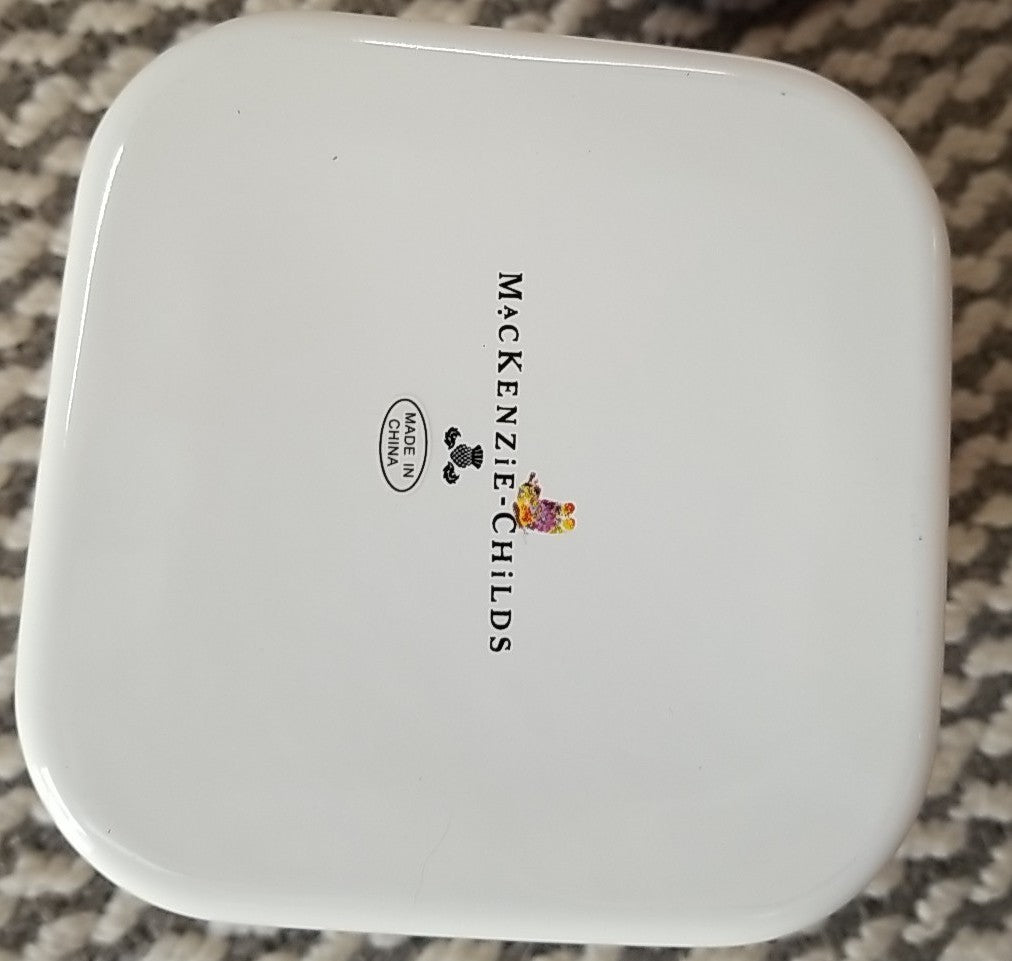 MacKenzie Childs Butterfly Garden Square Enamel Storage Container- New