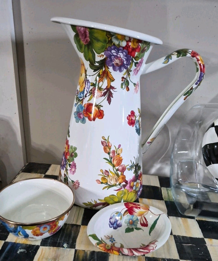 MacKenzie Childs White Flower Market LARGE Practical Pitcher 12”Tall FARMHOUSE