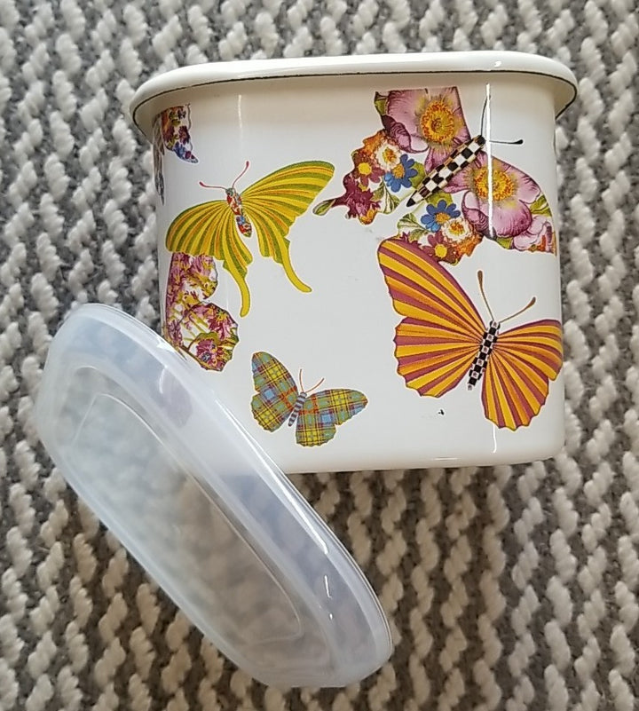 MacKenzie Childs Butterfly Garden Square Enamel Storage Container- New