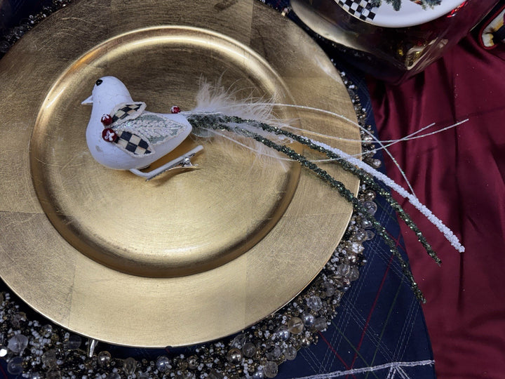 MACKENZIE CHILDS Courtly Check Bird  Clip  3” Tail 10" Long- New Open Box