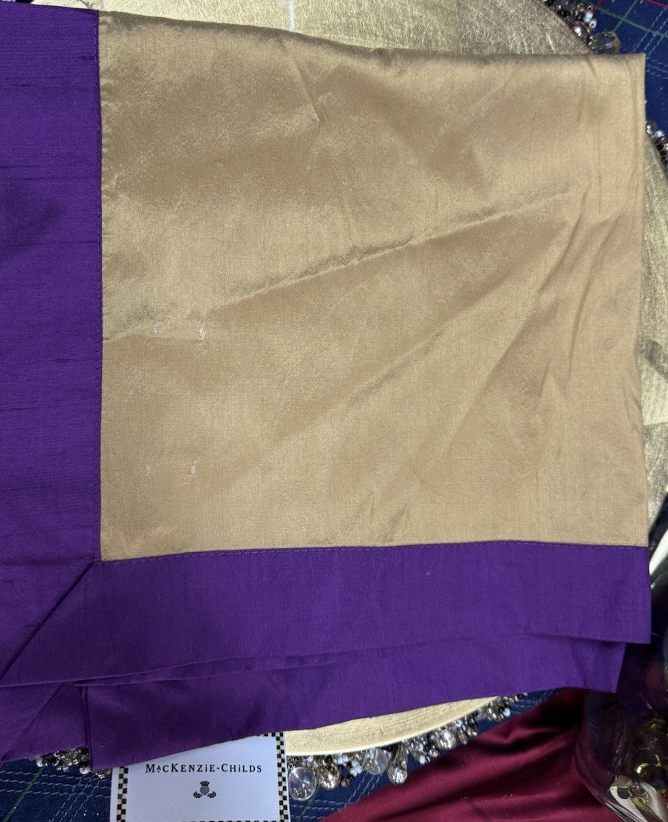 RETIRED Mackenzie Childs TRAPEZE Silk Square NAPKIN Plum And Gold- Set Of 4