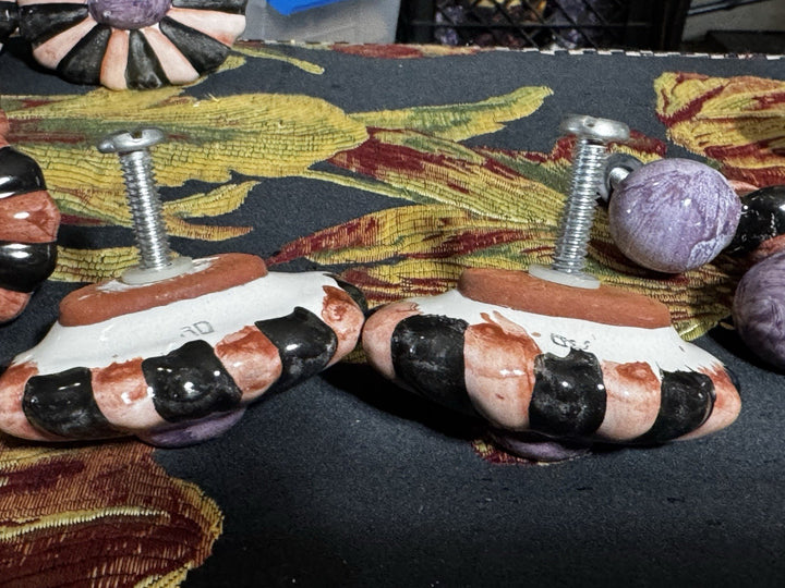 MacKenzie Childs  Ribbed Majolica Cabinet Pulls 2-Knob- Orange, Black And Purple