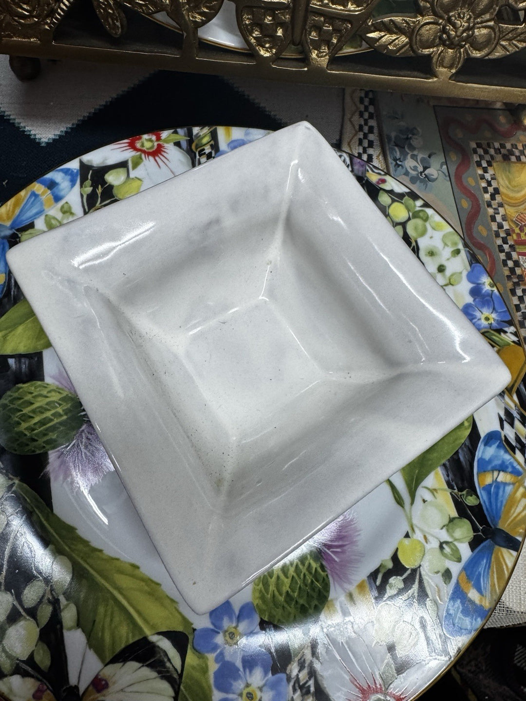 Vintage Mackenzie Childs Ceramic White Squares Bowl Bistro Collection 6"