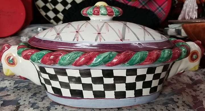 Retired  Mackenzie Childs Chicken Casserole  Dish With Lid - Ceramic- Read