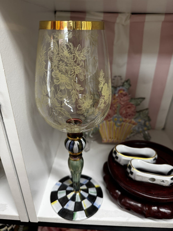 One MacKenzie Childs Blooming Wine Glass Goblet Courtly Check Excellent