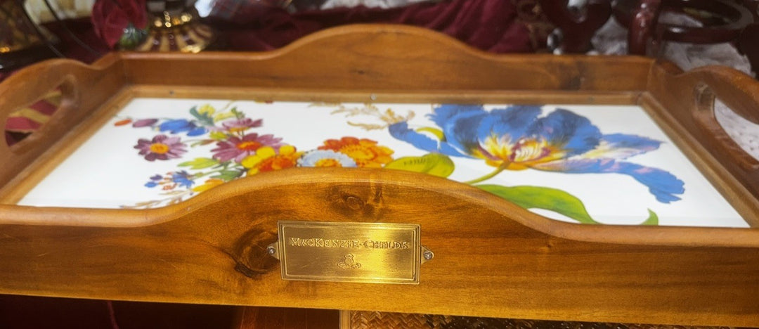 Mackenzie Childs White Flower Market Enamel Acacia Wood Large Serving Tray