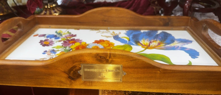Mackenzie Childs White Flower Market Enamel Acacia Wood Large Serving Tray