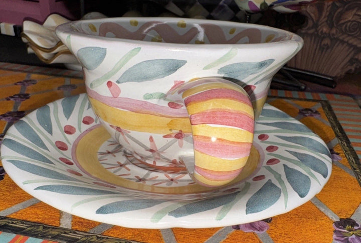 MacKenzie-Childs Brighton Pavillion Ceramic Teacup and Saucer Set 1990's Vintage