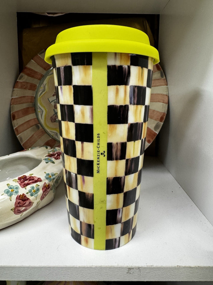 MacKenzie Childs Courtly Check Ceramic 16oz Travel Mug Tumbler Coffee Cup w/ LID