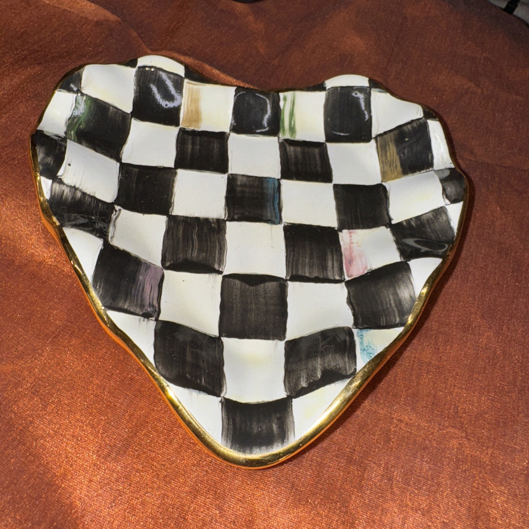 New Mackenzie Childs Courtly Check Fluted Ceramic Heart Plate- Gold Trim