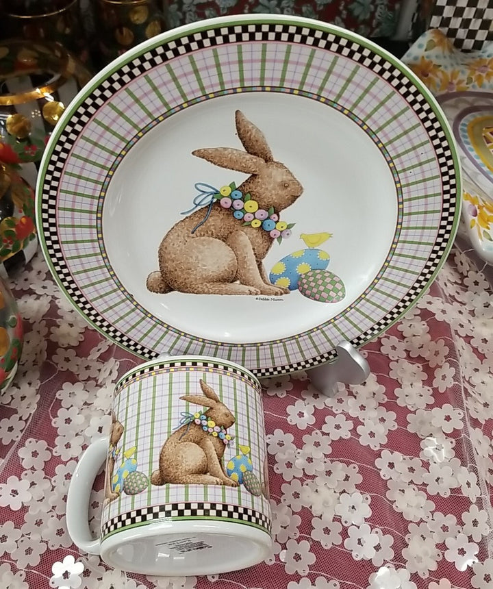 Debbie Mumm Sakura Easter Plate 8 1/4" & mug Set Bunny Eggs 1998-pink w/ Checks