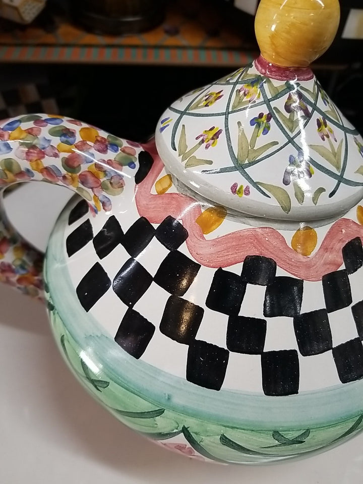 MacKenzie Childs Taylor Odd Fellows Ceramic Tea Pot Kettle 2 qt Retired w/ Lid