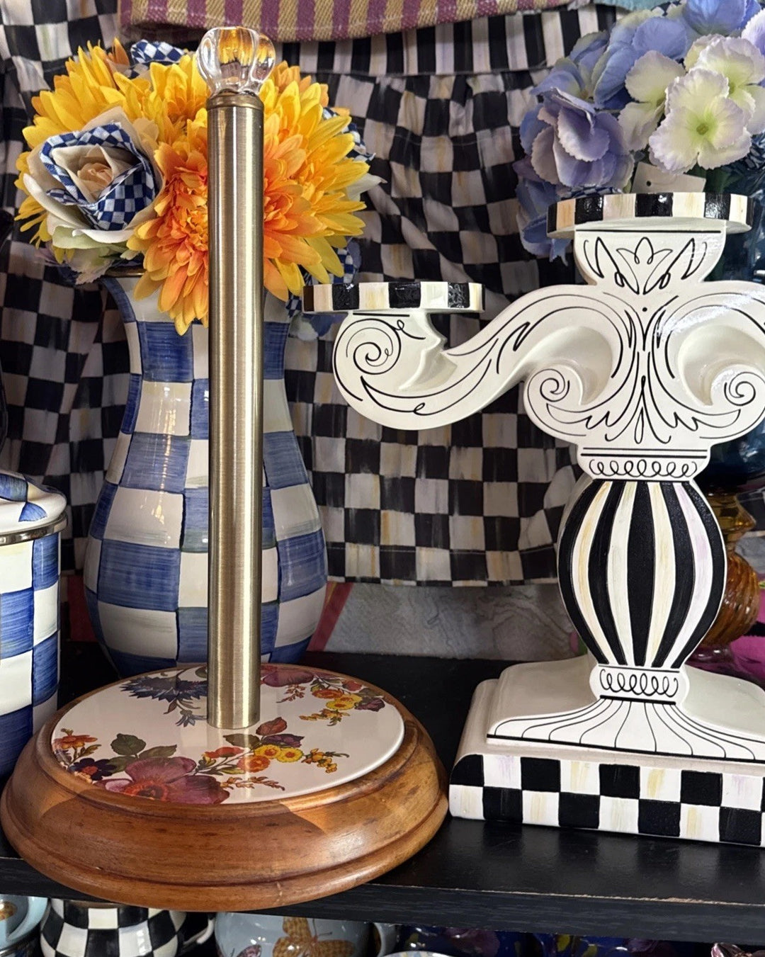 MacKenzie-Childs White Flower Market Wood Paper Towel Holder